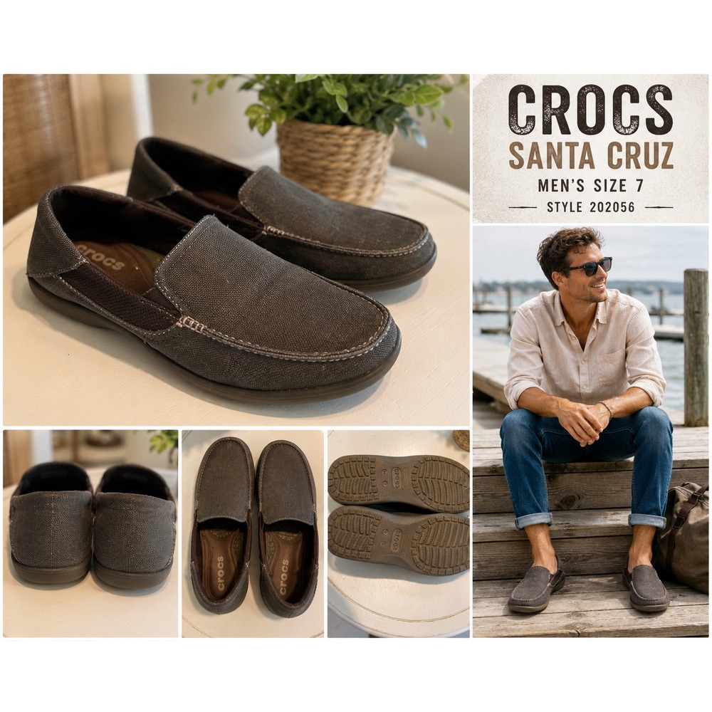 Crocs Santa Cruz 202056 Mens 7 Brown Canvas Slip On Loafers Comfort Shoes